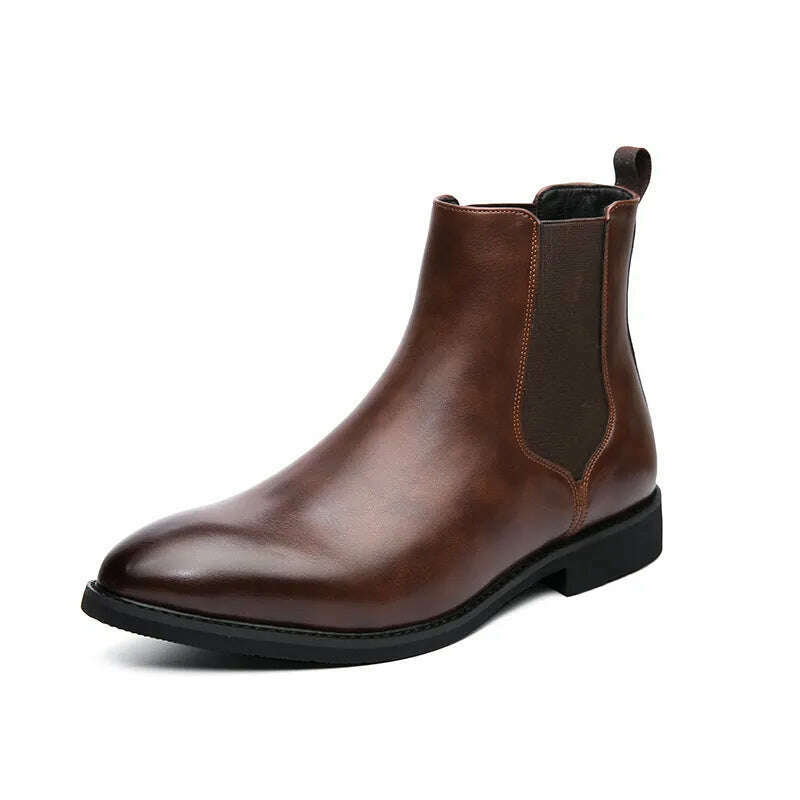 KIMLUD, New Chelsea Boots Men Shoes PU Brown Fashion Versatile Business Casual British Style Street Party Wear Classic Ankle Boots, Brown / 40, KIMLUD APPAREL - Womens Clothes