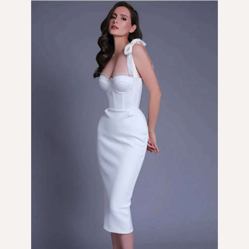 New Chic Women Summer Sexy Backless Split White Beige Midi Bodycon Bandage Dress 2023 Elegant Evening Party Dress Vestido - KIMLUD