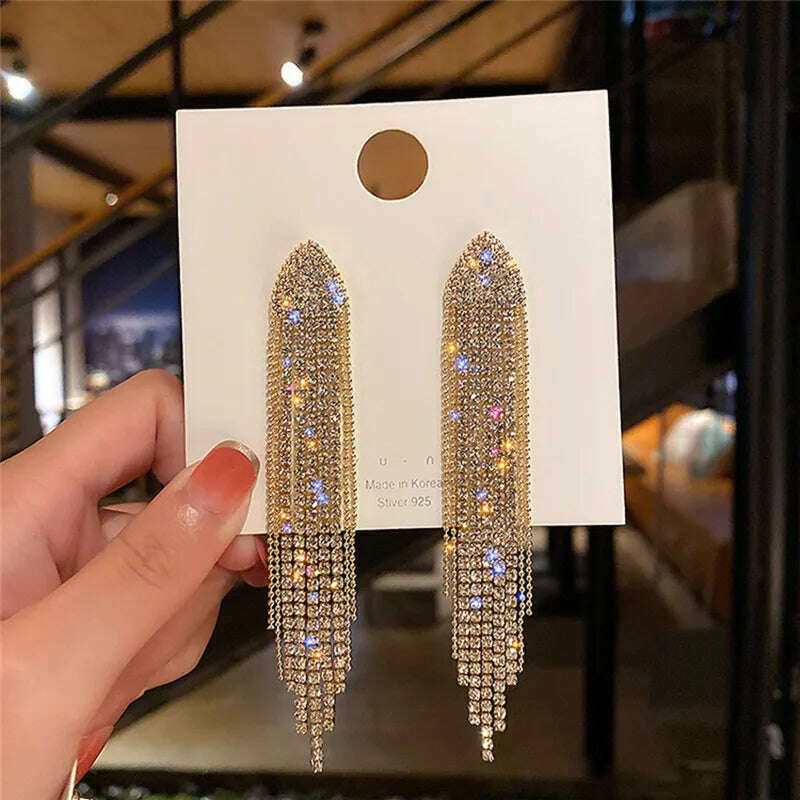 New Classic Shiny Crystal Earrings Ladies Exaggerated Long Earrings Tassels Rhinestone Earrings Fashion Korean Earrings Jewelry - KIMLUD