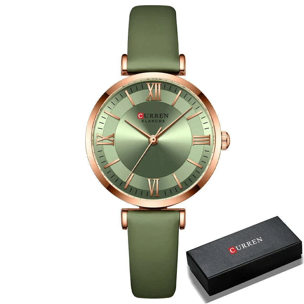 KIMLUD, NEW CURREN Watches Women's Quartz Leather Wrsitwatches Fashionable Classic Clock Montre femme, light green box, KIMLUD APPAREL - Womens Clothes