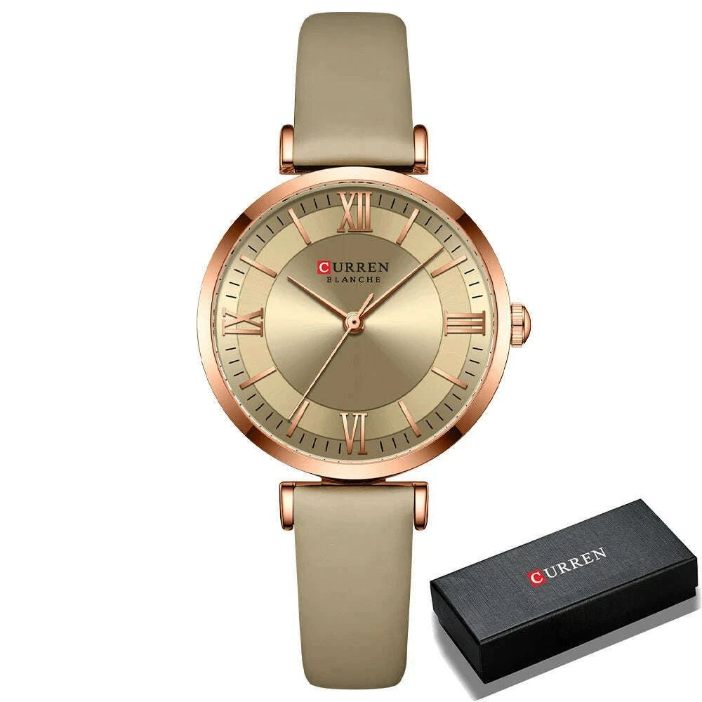 KIMLUD, NEW CURREN Watches Women's Quartz Leather Wrsitwatches Fashionable Classic Clock Montre femme, khaki box, KIMLUD APPAREL - Womens Clothes