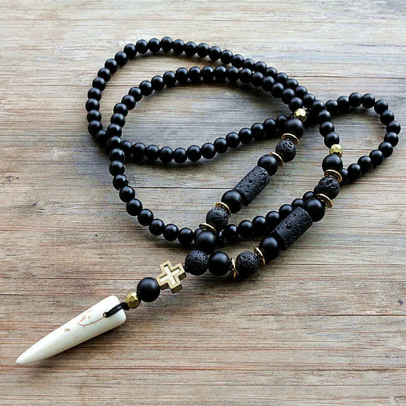 KIMLUD, New Design Black BLava Stones Bead with Hematite cross charm pendant necklace Men's Bead Necklace, Default Title, KIMLUD APPAREL - Womens Clothes