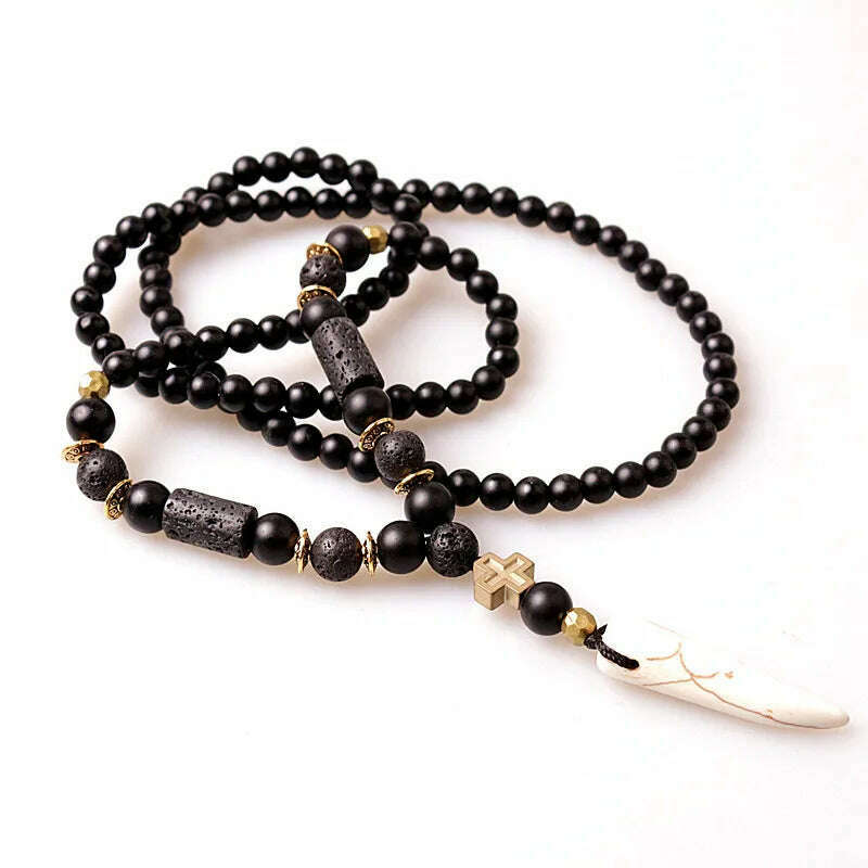 KIMLUD, New Design Black BLava Stones Bead with Hematite cross charm pendant necklace Men's Bead Necklace, KIMLUD Womens Clothes