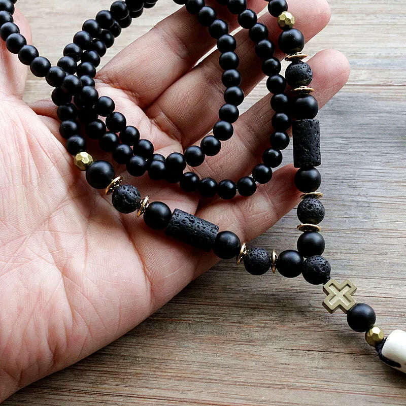 KIMLUD, New Design Black BLava Stones Bead with Hematite cross charm pendant necklace Men's Bead Necklace, KIMLUD Womens Clothes