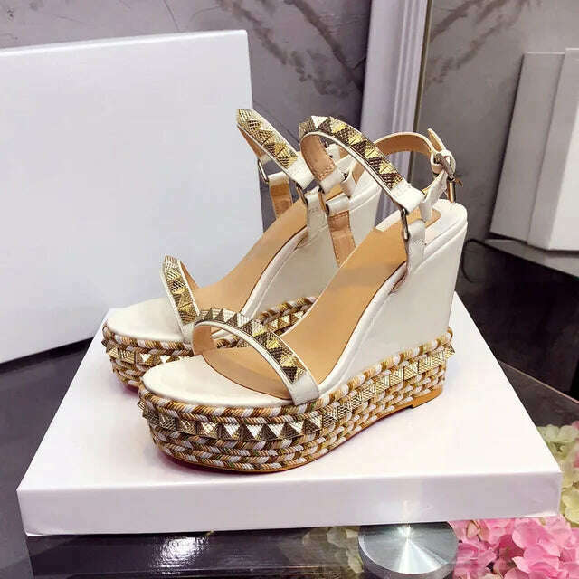 New Designer Thick Platform Women High Heel Wedges Gladiator Sandals Women Wedge Heeled Rivet One Belt Sandalias Mujer - KIMLUD