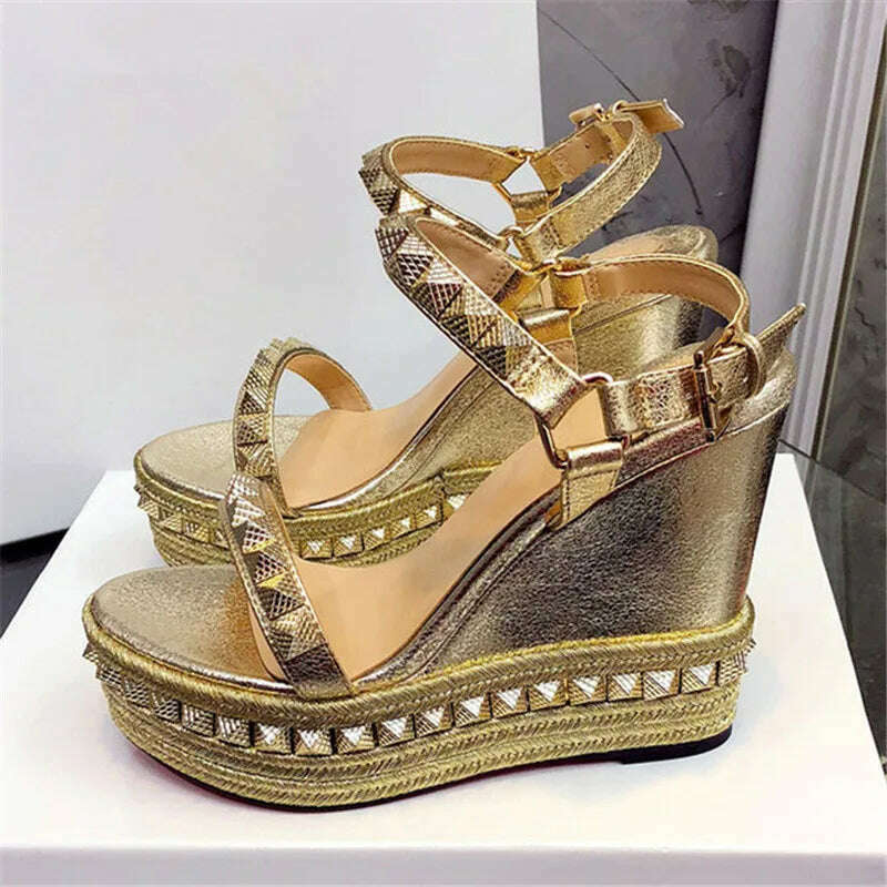 New Designer Thick Platform Women High Heel Wedges Gladiator Sandals Women Wedge Heeled Rivet One Belt Sandalias Mujer - KIMLUD