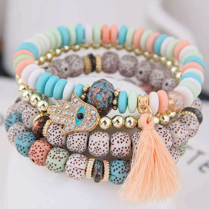 New Fashion Heart Charm Beaded Bracelets Set Women Multi colors Stone Boho Bracelet Resin Beads Bracelets For Women Bijoux - KIMLUD