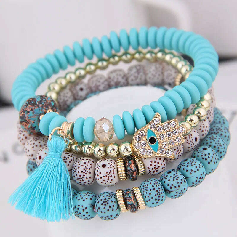 New Fashion Heart Charm Beaded Bracelets Set Women Multi colors Stone Boho Bracelet Resin Beads Bracelets For Women Bijoux - KIMLUD