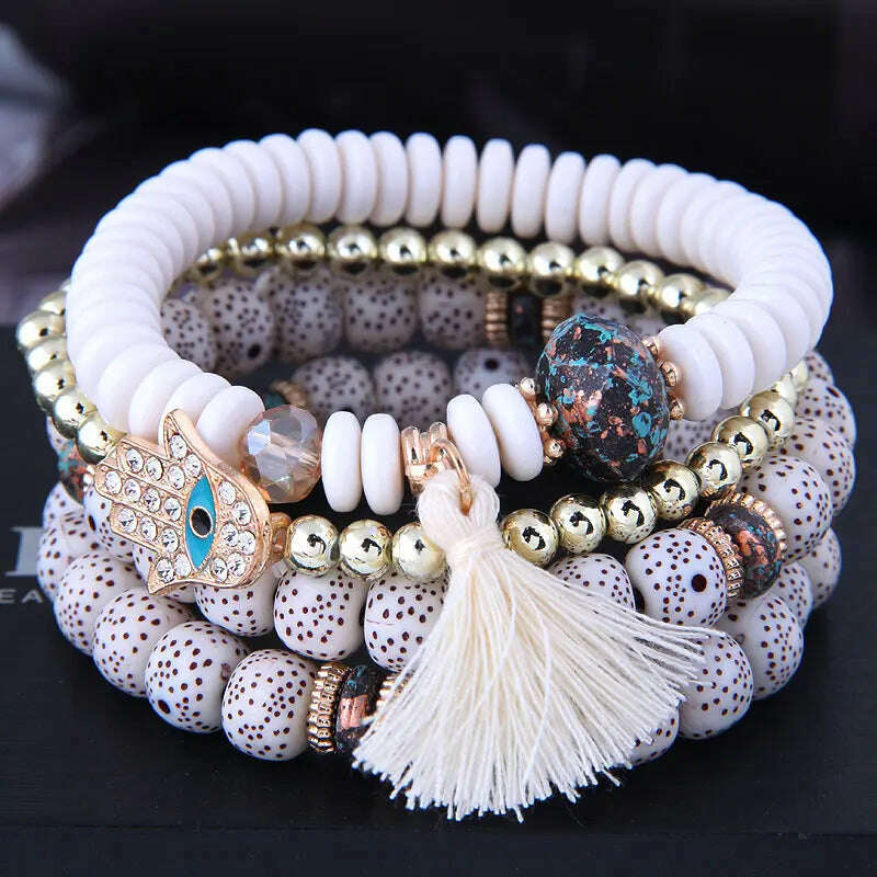 New Fashion Heart Charm Beaded Bracelets Set Women Multi colors Stone Boho Bracelet Resin Beads Bracelets For Women Bijoux - KIMLUD