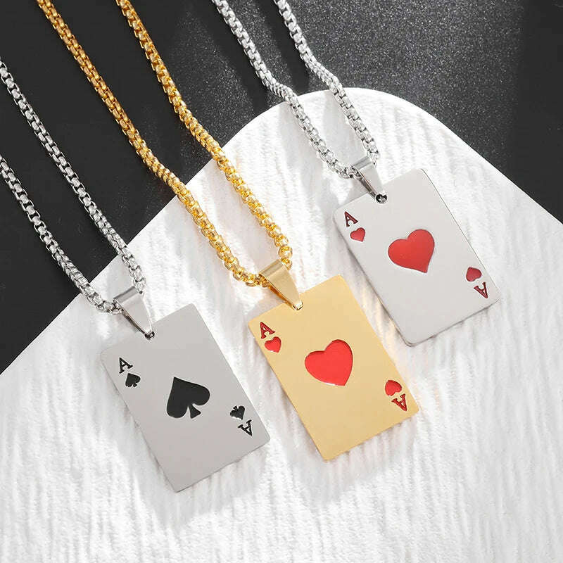 KIMLUD, New Fashion Stainless Steel Lucky Playing Card Spades Ace Hearts Pendant Necklace Men Women Trend Charm Personalized Jewelry, KIMLUD Womens Clothes