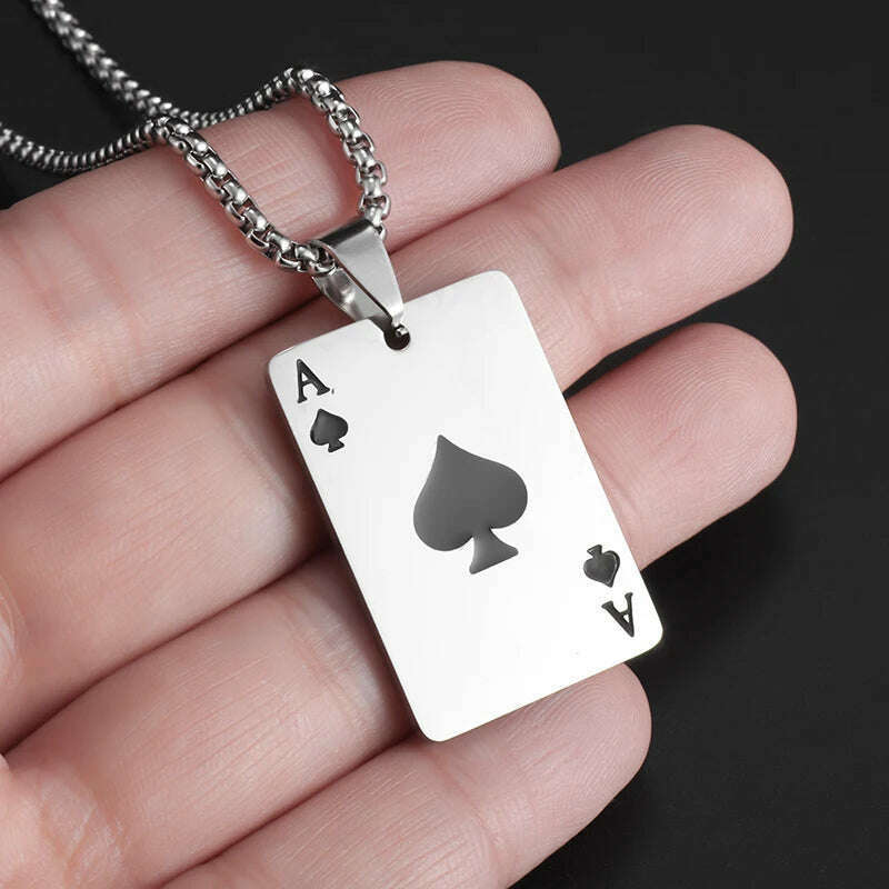 New Fashion Stainless Steel Lucky Playing Card Spades Ace Hearts Pendant Necklace Men Women Trend Charm Personalized Jewelry - KIMLUD