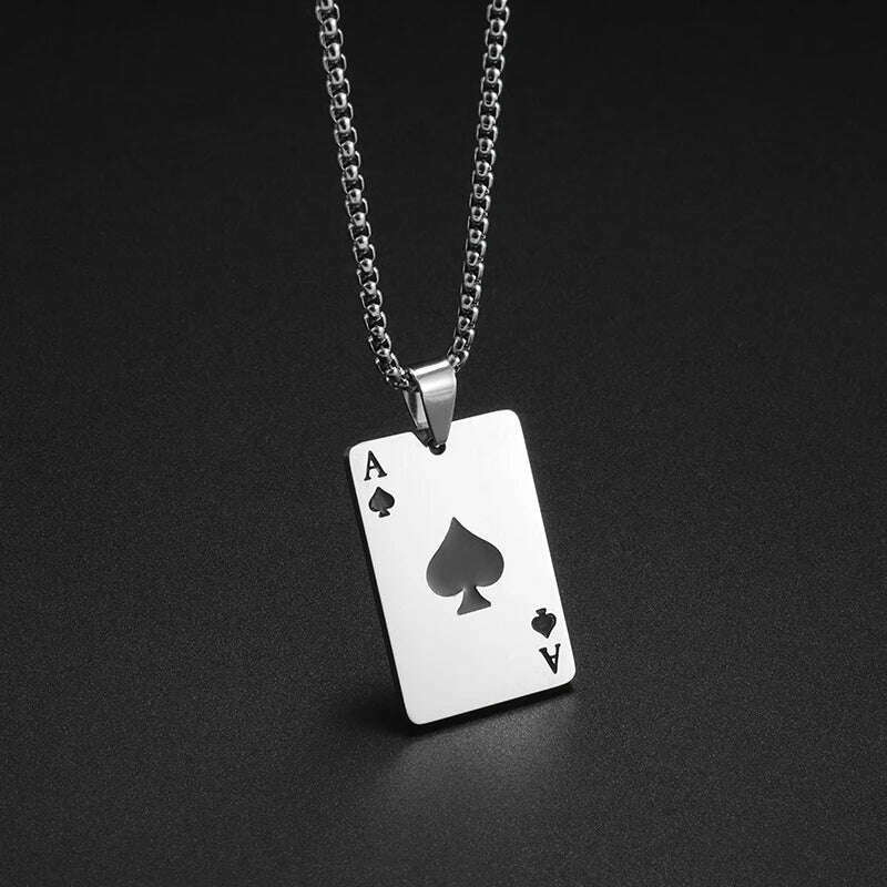 New Fashion Stainless Steel Lucky Playing Card Spades Ace Hearts Pendant Necklace Men Women Trend Charm Personalized Jewelry - KIMLUD