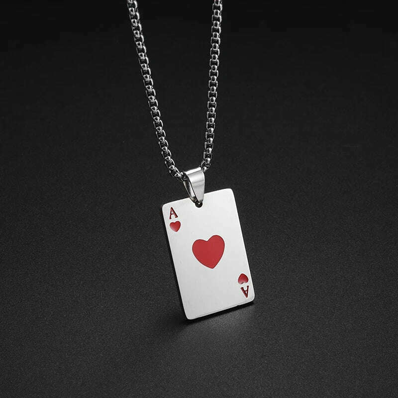 KIMLUD, New Fashion Stainless Steel Lucky Playing Card Spades Ace Hearts Pendant Necklace Men Women Trend Charm Personalized Jewelry, AL6737-Red, KIMLUD APPAREL - Womens Clothes