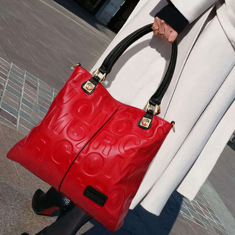 New Fashion Versatile Women's Handheld Shoulder Bag with Large Capacity Letter Printing High Quality Cowhide Tote Bag - KIMLUD