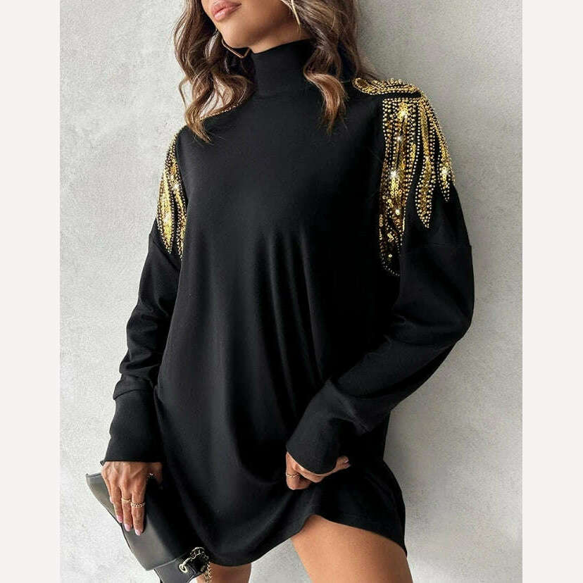 KIMLUD, New Fashion Women 2024 Early Spring Casual Simple Dress High Neck Long Sleeve Angel Wings Pattern Contrast Sequin Casual Dress, A / S, KIMLUD APPAREL - Womens Clothes