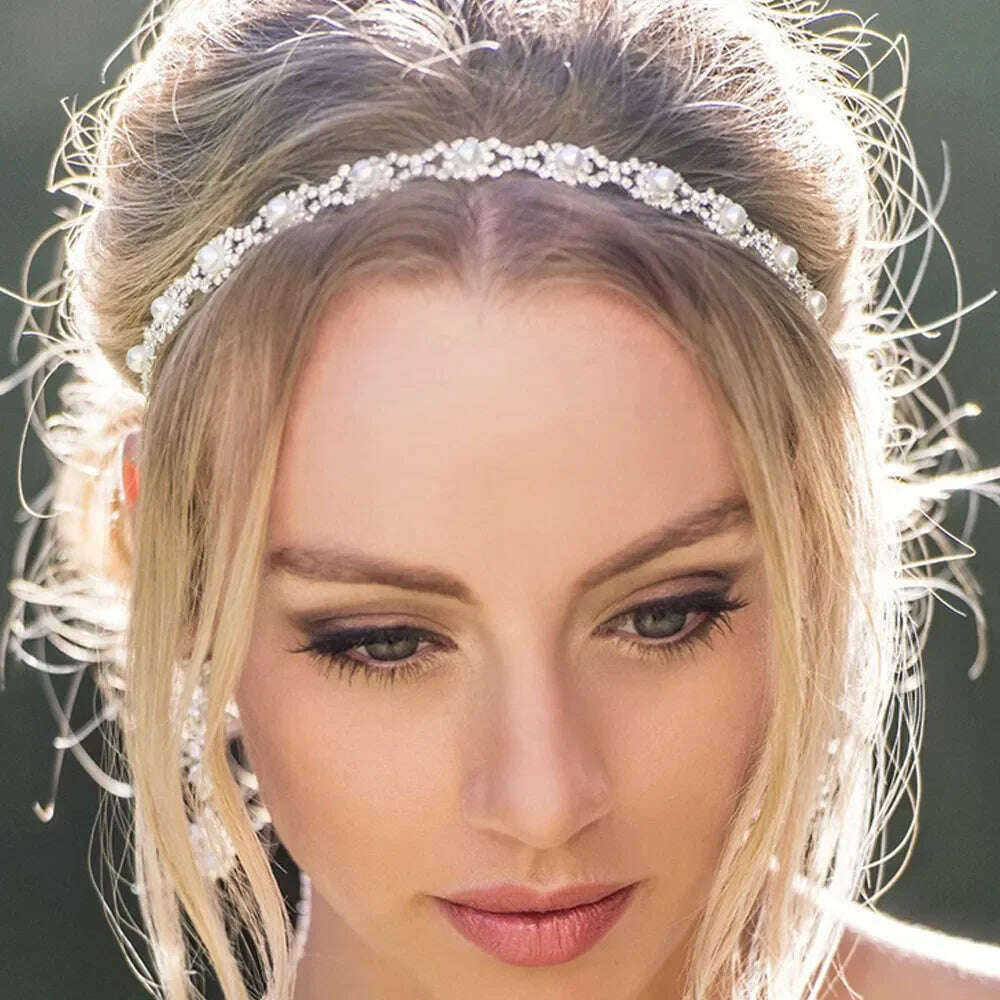 New Fashion Women Elastic Rhinestone Headband Women Wedding Bridal Hair Chain Pearl Crystal Hair Band Head Chain Accessories - KIMLUD