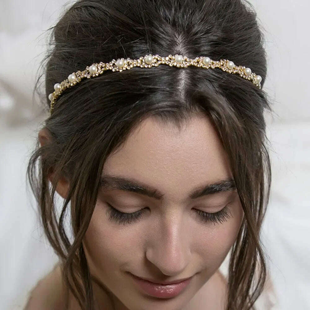 KIMLUD, New Fashion Women Elastic Rhinestone Headband Women Wedding Bridal Hair Chain Pearl Crystal Hair Band Head Chain Accessories, KIMLUD Womens Clothes