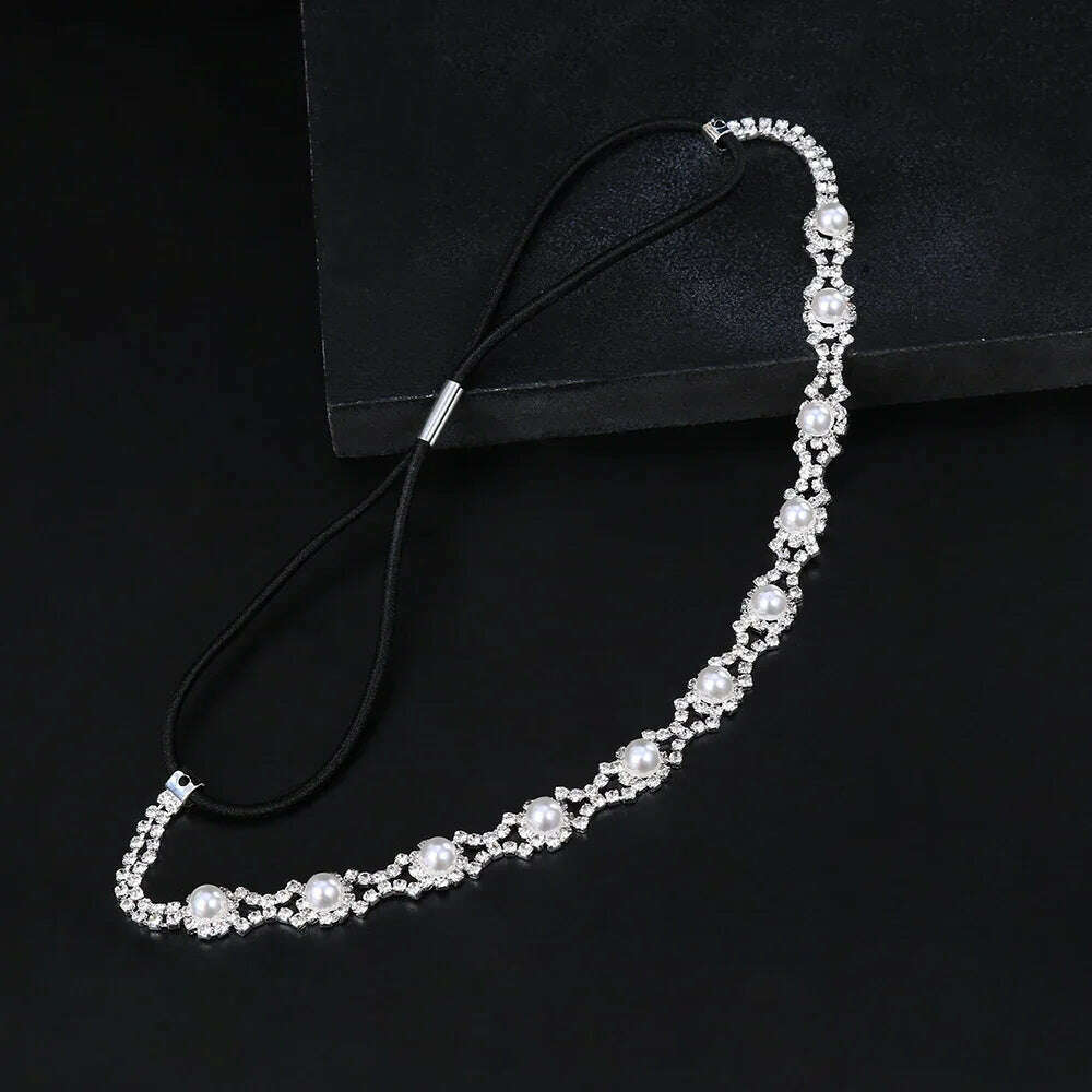 KIMLUD, New Fashion Women Elastic Rhinestone Headband Women Wedding Bridal Hair Chain Pearl Crystal Hair Band Head Chain Accessories, KIMLUD Womens Clothes