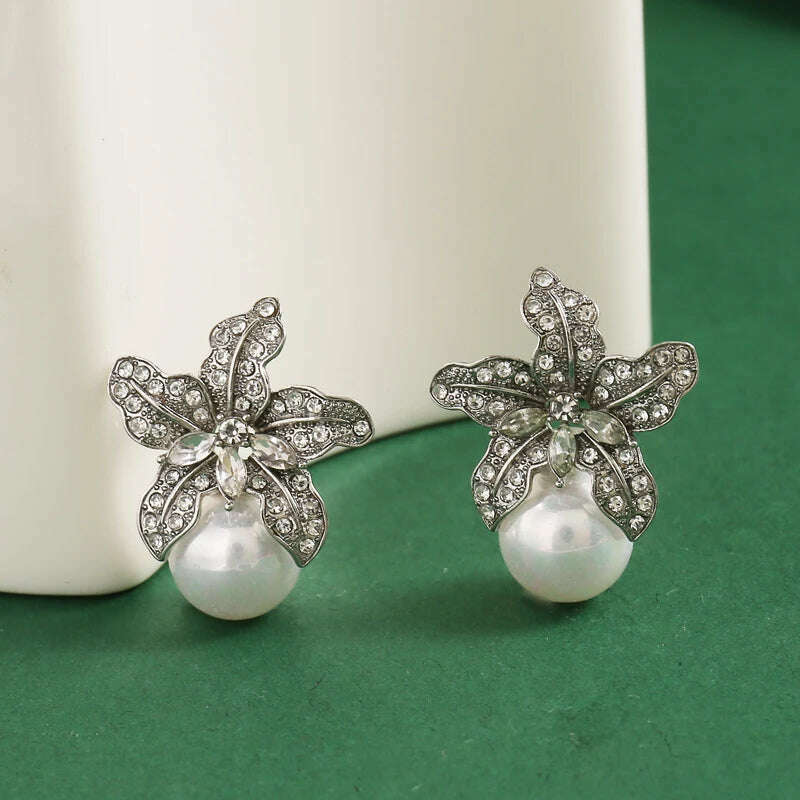 KIMLUD, New Fashion Women's Light Luxury Temperament Metal Flower Shaped Craftsmanship Imitation Pearl Earrings Personalize, KIMLUD Womens Clothes