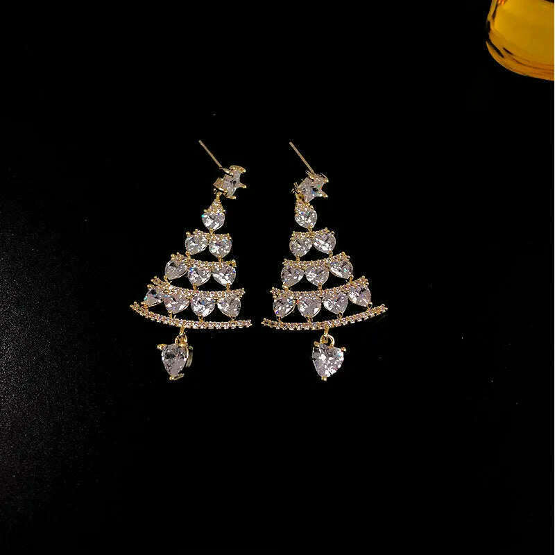 KIMLUD, New Full Inlaid Colorful Zircon Christmas Tree Tassel Earrings Women's Fashion Personality Earrings Party Jewelry Christmas Gift, E, KIMLUD APPAREL - Womens Clothes