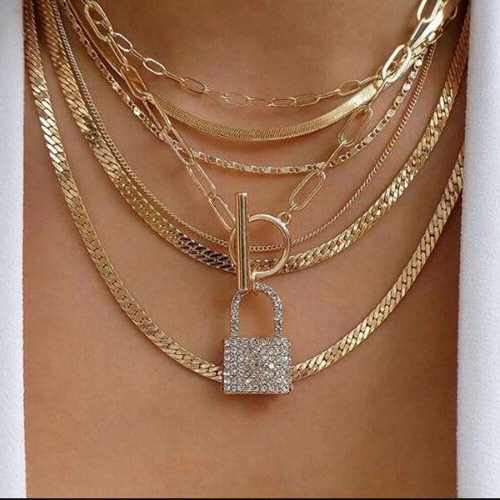 KIMLUD, New Gold-plate Lock Snake Chain Necklaces For Women Multilevel Female Luxury Crystal T-shaped Buckle Pendant Necklace Jewelry, NE-0561, KIMLUD APPAREL - Womens Clothes