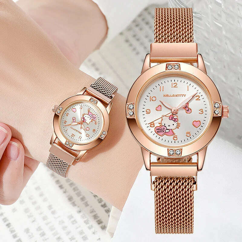 KIMLUD, New Hello Kitty Diamond Watches Women Cat Bow Kawaii Pink Ladies Gold Sliver Metal Jewelry Cartoon Magnetic Watch Girls, KIMLUD Womens Clothes