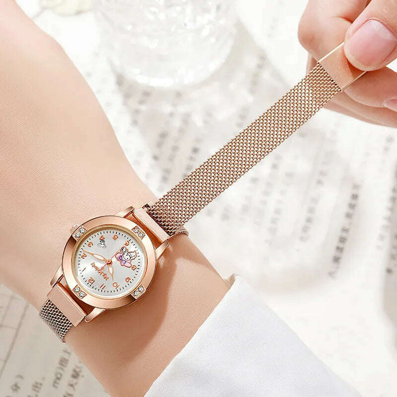 KIMLUD, New Hello Kitty Diamond Watches Women Cat Bow Kawaii Pink Ladies Gold Sliver Metal Jewelry Cartoon Magnetic Watch Girls, KIMLUD Womens Clothes