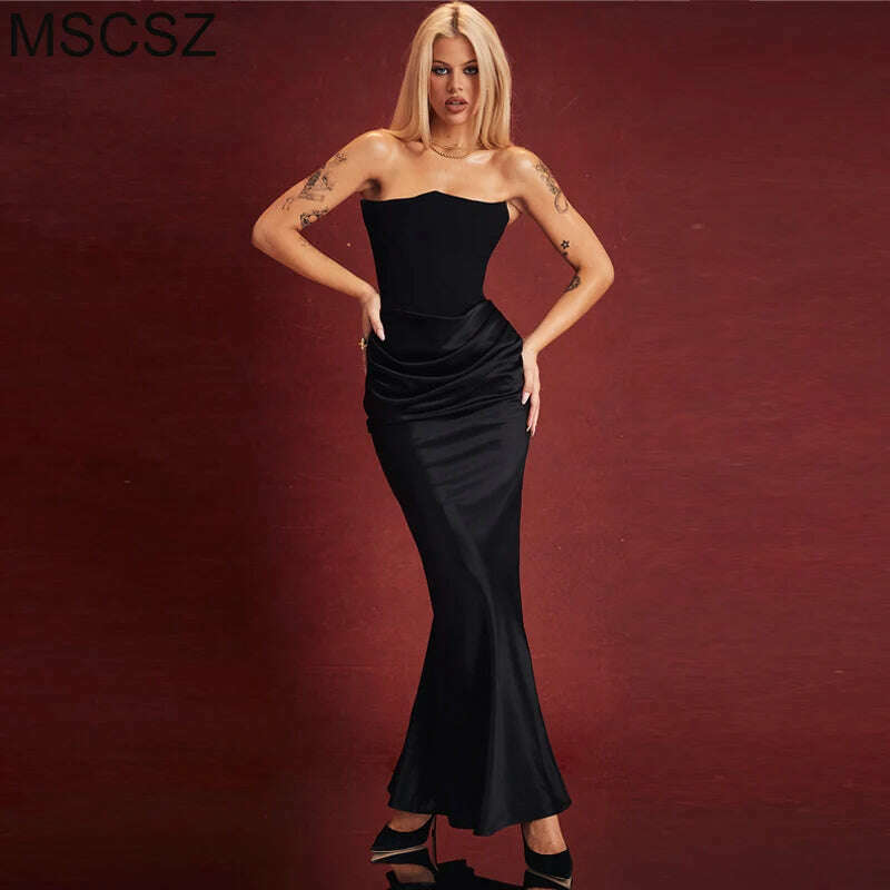 New In Black Corset Evening Dress Women Strapless Satin Long Dress Backless Draped Maxi Dress Elegant Gowns - KIMLUD