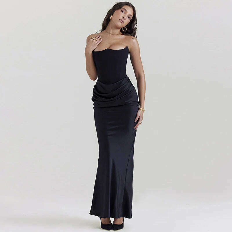 KIMLUD, New In Black Corset Evening Dress Women Strapless Satin Long Dress Backless Draped Maxi Dress Elegant Gowns, KIMLUD Womens Clothes