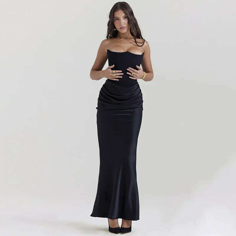 KIMLUD, New In Black Corset Evening Dress Women Strapless Satin Long Dress Backless Draped Maxi Dress Elegant Gowns, KIMLUD Womens Clothes