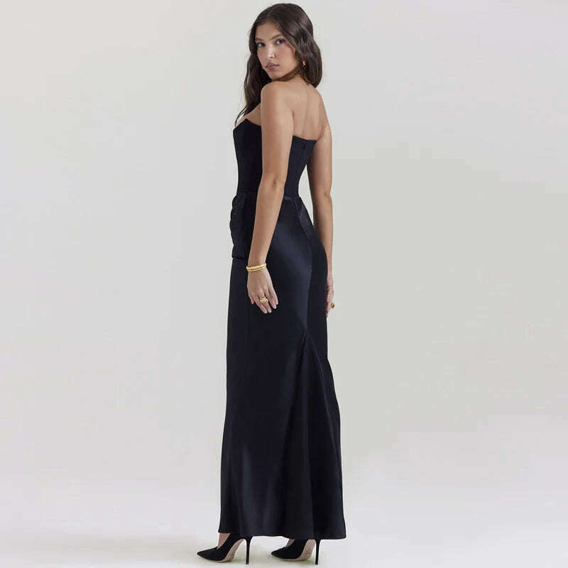 New In Black Corset Evening Dress Women Strapless Satin Long Dress Backless Draped Maxi Dress Elegant Gowns - KIMLUD