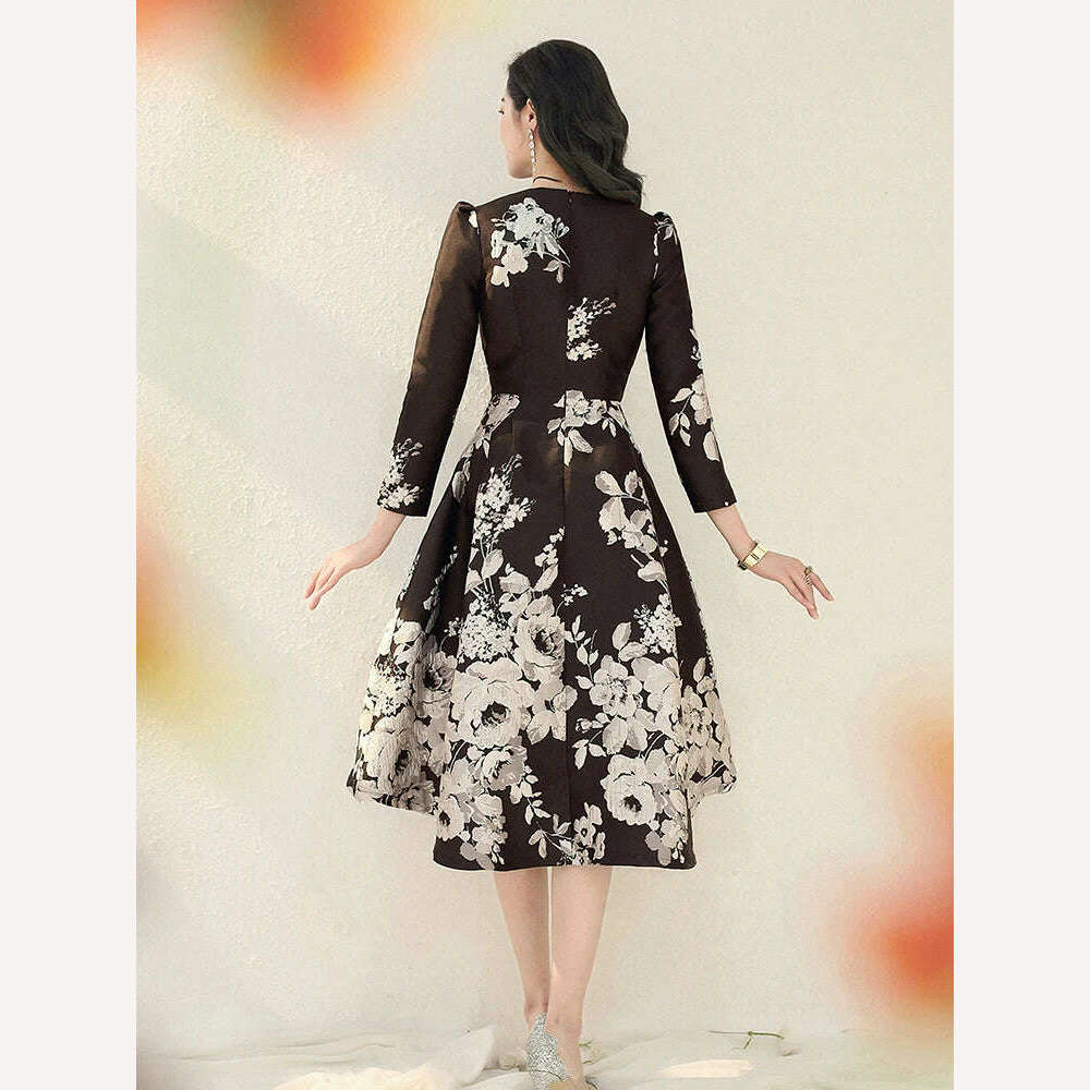 New Jacquard Dress Women Autumn Long Sleeve Party Dress O-neck Flower Dresses Elegant Work Casual Luxury Ladies Clothing - KIMLUD