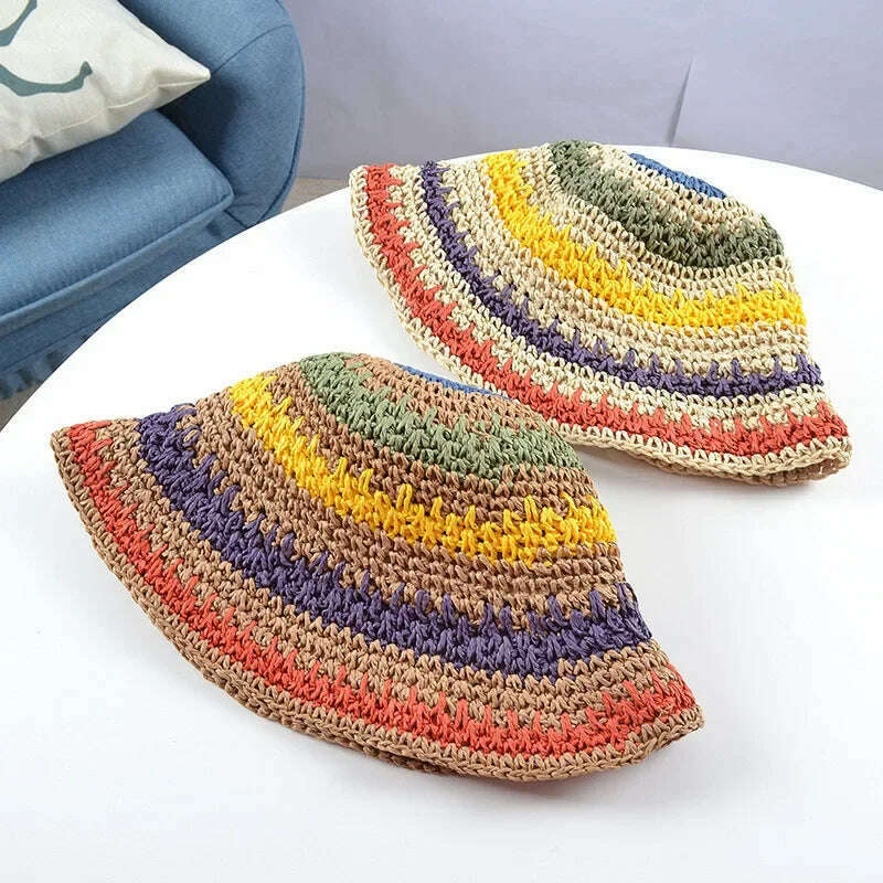 KIMLUD, New Korean Style Multicolor Foldable Sun Crochet Hat For Beach, Travel And Vacation handmade straw hat, KIMLUD Womens Clothes