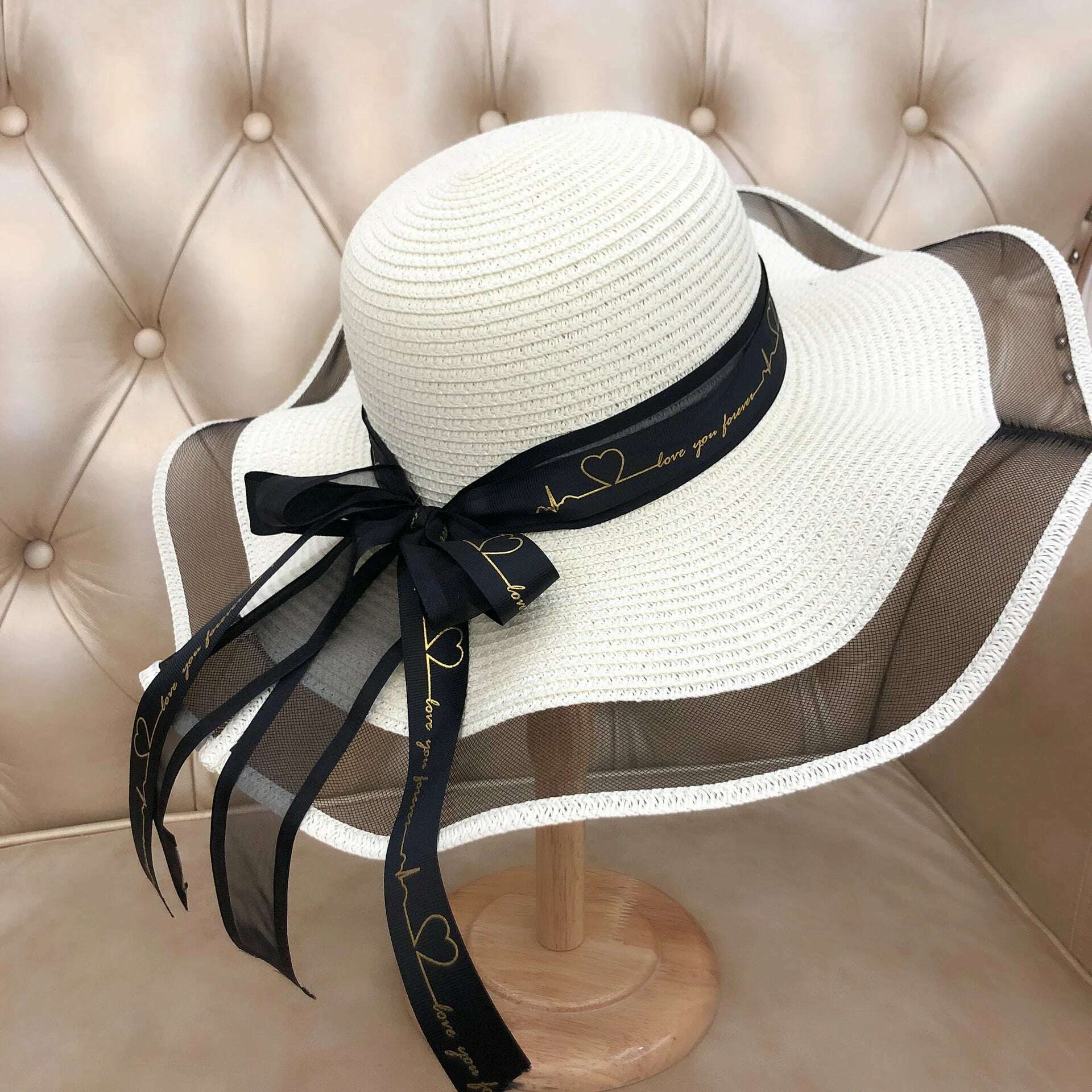 New Korean Style Women's Straw Bow Ribbon Big Brim Shade Ins Celebrity Outing Fashion Beach Vacation Ruffled Dome Straw Hat - KIMLUD