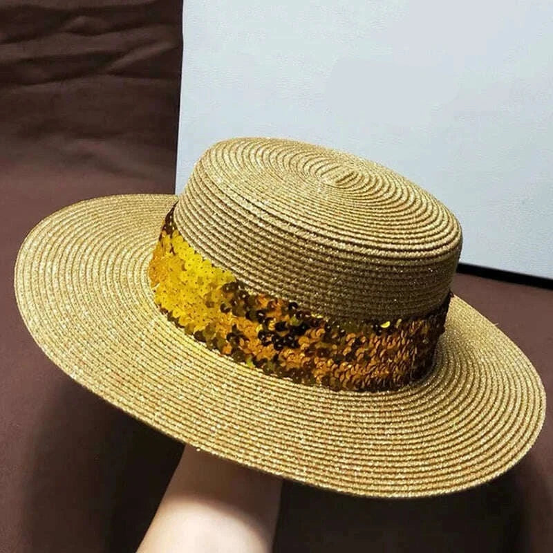 KIMLUD, New Large Brim Straw Hat Summer Hats For Women Sequin Shiny Fashion Beach Cap Boater Flat Top Sun Hat, Gold, KIMLUD APPAREL - Womens Clothes