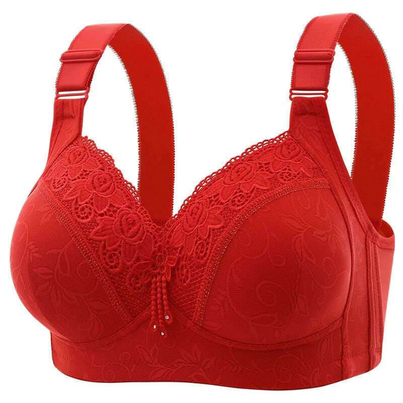 KIMLUD, New Large Luxury Lace  Without Steel Ring Bra Side Fold Side Breast Large Breast Display Small Adjustment Shaped Mom's Underwear, Red / A / 42, KIMLUD APPAREL - Womens Clothes