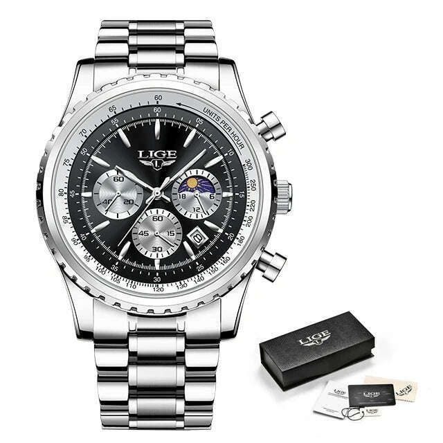 KIMLUD, New LIGE Fashion Men Watch Stainless Steel Top Brand Luxury Sport Chronograph Quartz Wrist Watches for Men Relogio Masculino+Box, Silver black S, KIMLUD APPAREL - Womens Clothes