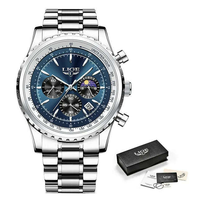 KIMLUD, New LIGE Fashion Men Watch Stainless Steel Top Brand Luxury Sport Chronograph Quartz Wrist Watches for Men Relogio Masculino+Box, Silver blue S, KIMLUD APPAREL - Womens Clothes