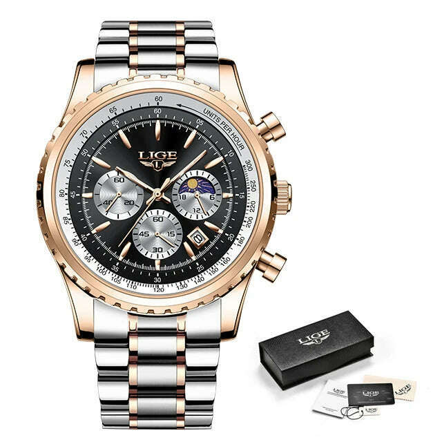 KIMLUD, New LIGE Fashion Men Watch Stainless Steel Top Brand Luxury Sport Chronograph Quartz Wrist Watches for Men Relogio Masculino+Box, Rose gold black S, KIMLUD APPAREL - Womens Clothes