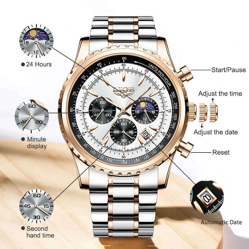 New LIGE Fashion Men Watch Stainless Steel Top Brand Luxury Sport Chronograph Quartz Wrist Watches for Men Relogio Masculino+Box - KIMLUD