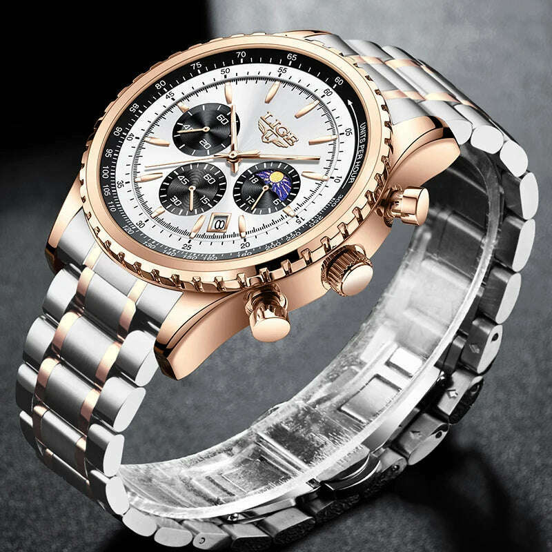 New LIGE Fashion Men Watch Stainless Steel Top Brand Luxury Sport Chronograph Quartz Wrist Watches for Men Relogio Masculino+Box - KIMLUD