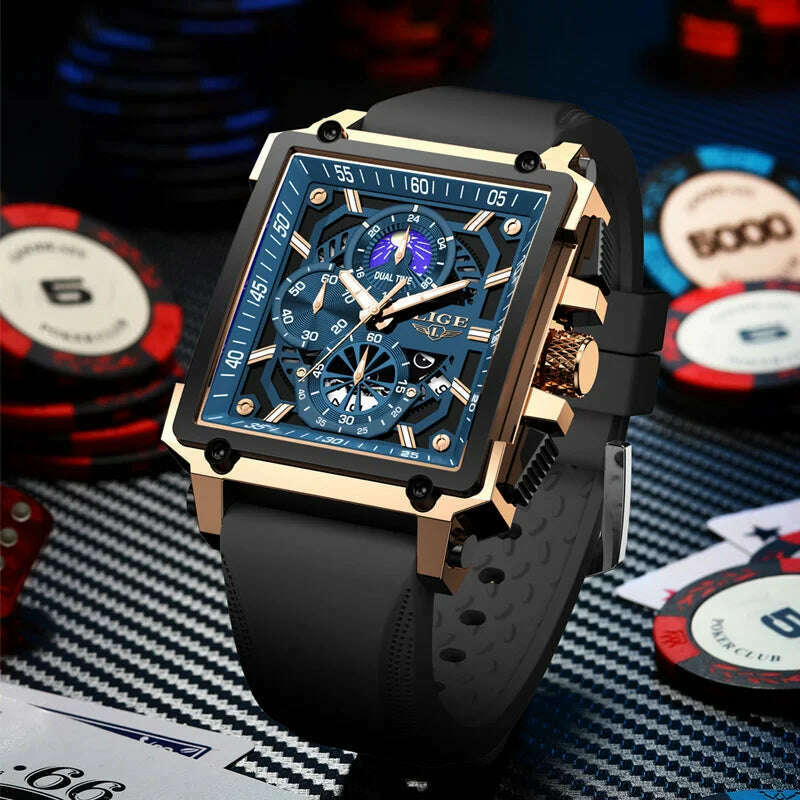 KIMLUD, New LIGE Mens Watches Top Brand Luxury Hollow Square Sport Watch For Men Fashion Silicone Strap Waterproof Quartz WristWatch+Box, KIMLUD Womens Clothes