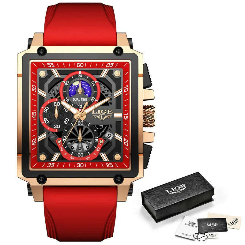 KIMLUD, New LIGE Mens Watches Top Brand Luxury Hollow Square Sport Watch For Men Fashion Silicone Strap Waterproof Quartz WristWatch+Box, Model 1-Red, KIMLUD APPAREL - Womens Clothes