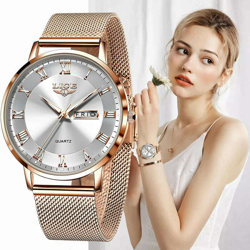 New LIGE Women Ultra-Thin Watch Top Brand Luxury Watches Fashion Ladies Clock Stainless Steel Waterproof Calendar Wristwatch+Box - KIMLUD