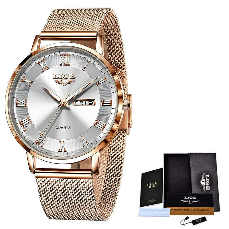 KIMLUD, New LIGE Women Ultra-Thin Watch Top Brand Luxury Watches Fashion Ladies Clock Stainless Steel Waterproof Calendar Wristwatch+Box, KIMLUD Womens Clothes