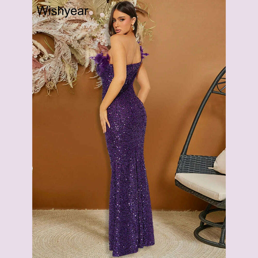 New Luxury Sequined Feather One Shoulder Sleeveless Slanted Collar Backless Purple Long Dress Women Birthday Party Event Gowns - KIMLUD