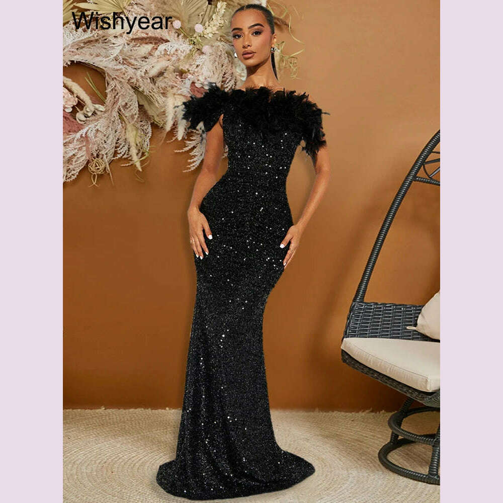 New Luxury Sequined Feather One Shoulder Sleeveless Slanted Collar Backless Purple Long Dress Women Birthday Party Event Gowns - KIMLUD