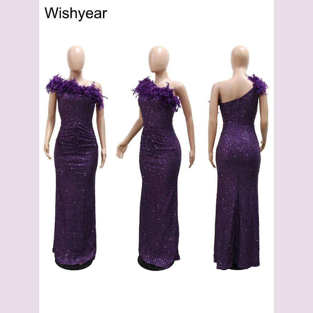 New Luxury Sequined Feather One Shoulder Sleeveless Slanted Collar Backless Purple Long Dress Women Birthday Party Event Gowns - KIMLUD