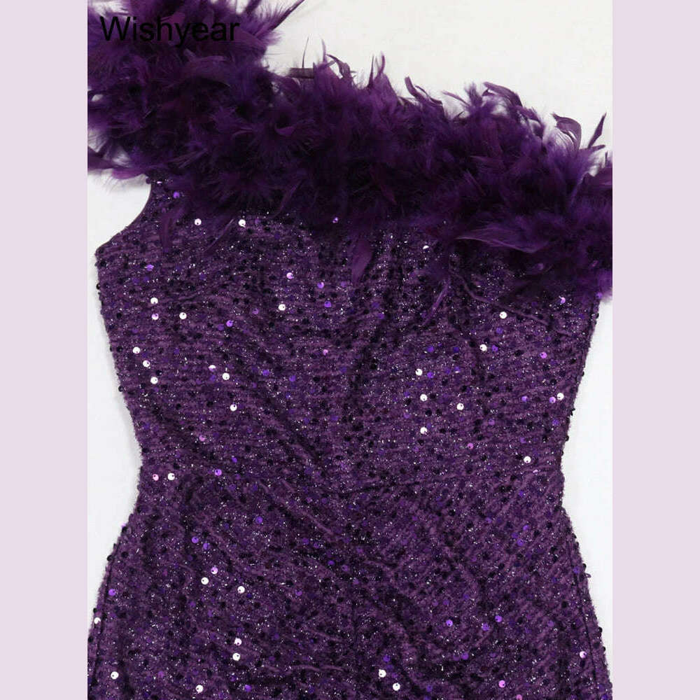 New Luxury Sequined Feather One Shoulder Sleeveless Slanted Collar Backless Purple Long Dress Women Birthday Party Event Gowns - KIMLUD