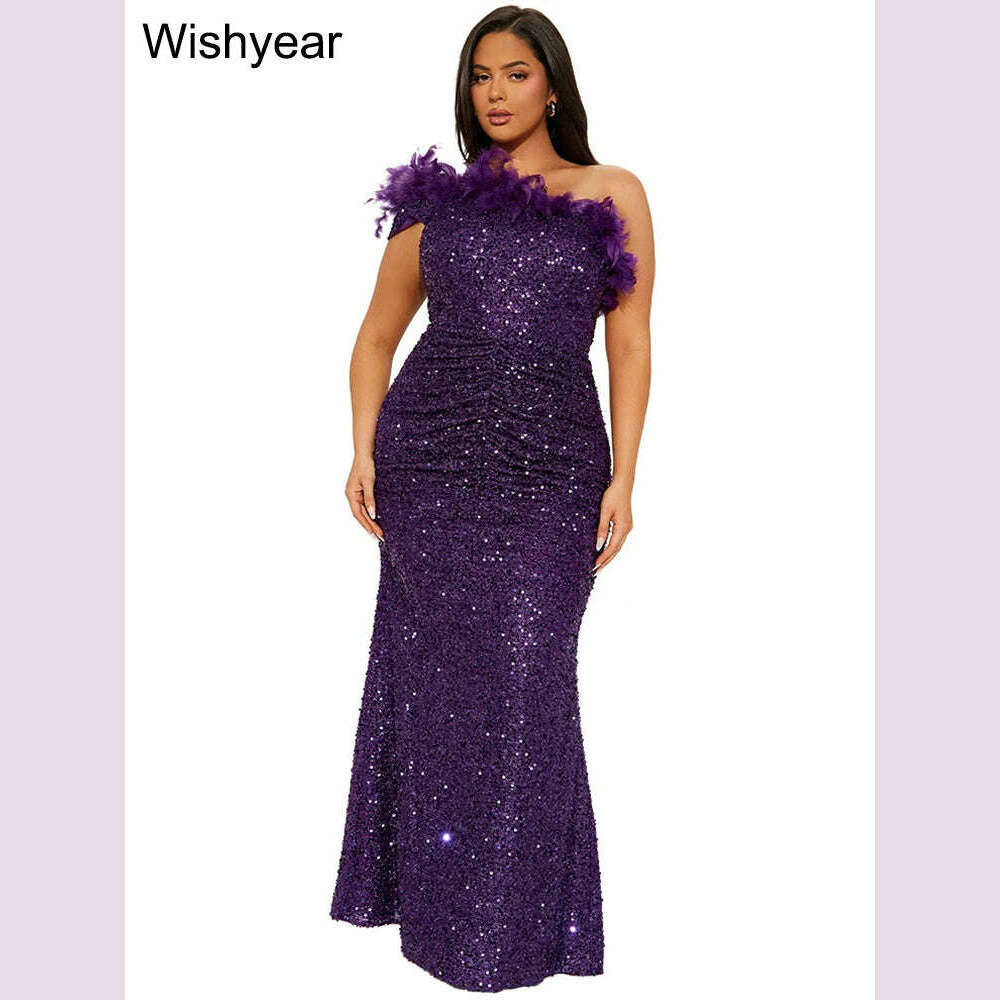 New Luxury Sequined Feather One Shoulder Sleeveless Slanted Collar Backless Purple Long Dress Women Birthday Party Event Gowns - KIMLUD